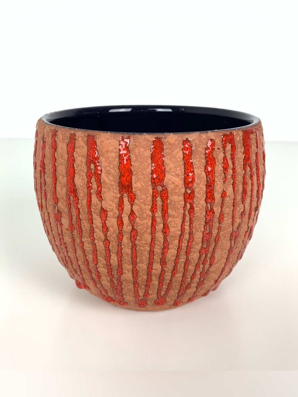 Germany Fat Lava Glaze Pottery Planter Handmade Red Brown Round German Vtg